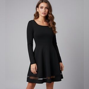 Black Mesh Insert Flare Hem Dress